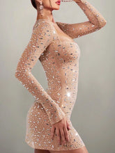 Glamorous Mesh See-Through Shiny Rhinestone Long Sleeve Square Neck Ruffle Hem Bodycon Party Club Mini Dress Music Festival